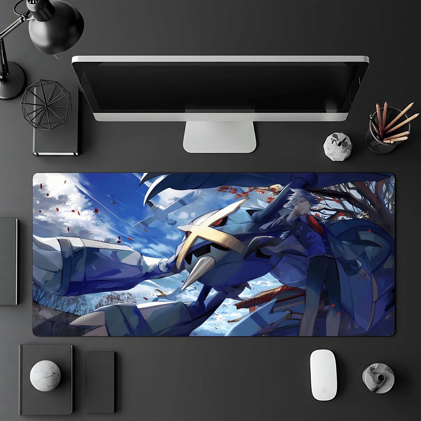 Tapis de jeu Pokémon TCG 60x30 cm illustré par le Pokémon Métalosse accompagné de son dresseur, le Maître de la Ligue de Hoenn, Pierre Rochard.