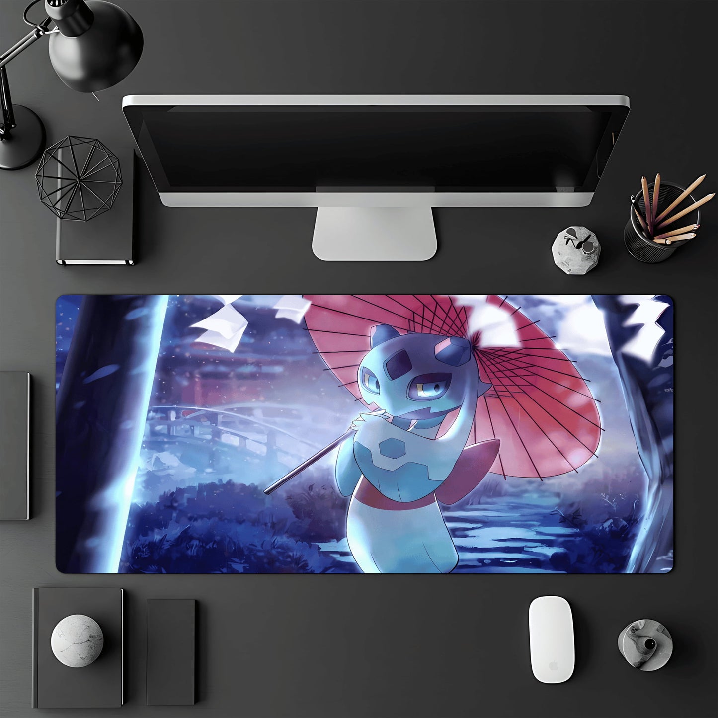 Tapis de jeu Pokémon TCG 60x30 cm illustré par le Pokémon Momartik portant une ombrelle rouge.