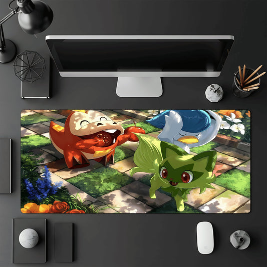 Tapis de jeu Pokémon TCG 60x30 cm illustré par les trois Pokémon de départ de Paldea : Poussacha, Chochodile et Coiffeton.